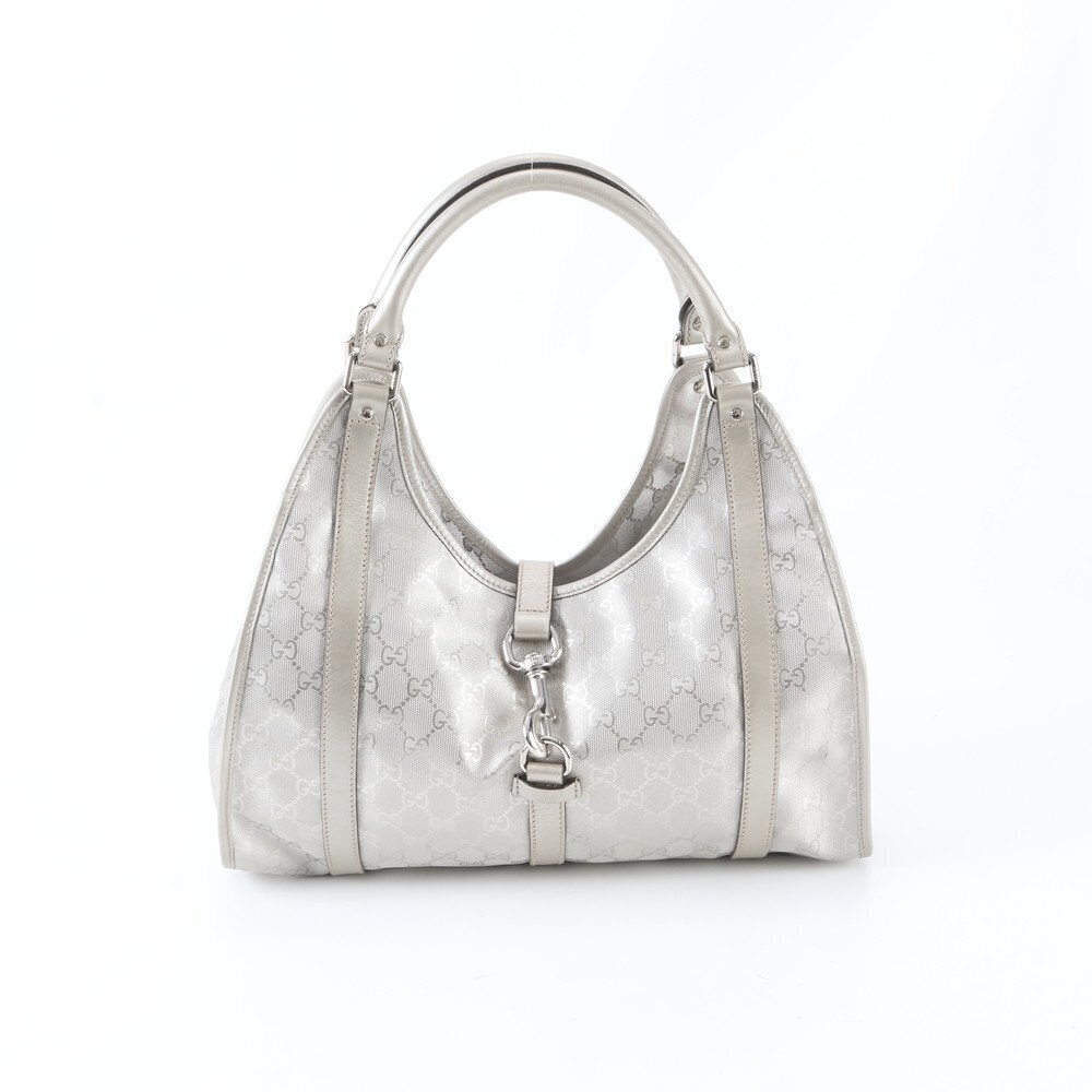 Gucci GG Imprime Jackie Leather Tote Bag Shoulder Handbag Silver